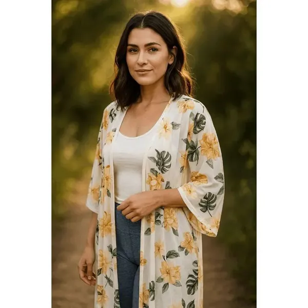 SirenLily White Green Tropical Magnolia Print Mesh Duster Medium - Image 8