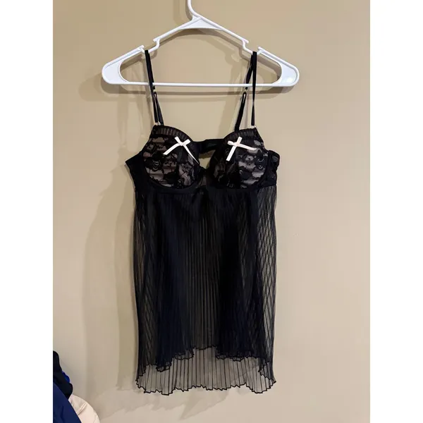 Ambiielle Black Lace Trim Pleated Mesh Babydoll Chemise‎ Lingerie M - Image 3