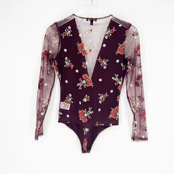 Express Mesh Floral Embroidered Long Sleeve V-Neck Bodysuit Women's‎ XS Coquette - Image 3