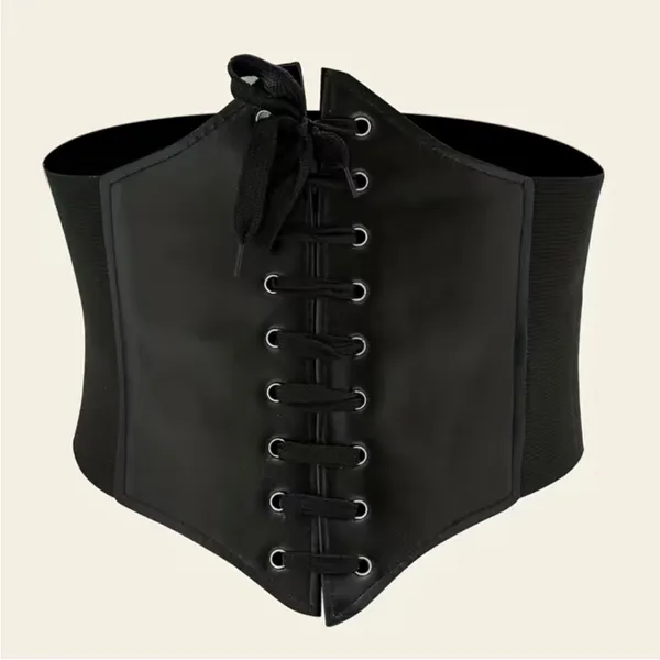Plus‎ Size Black Vintage Style Lace Up Faux Leather Elastic Back Closure - Image 11