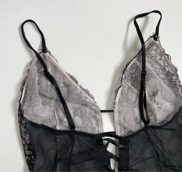 Victorias Secret Body Suit Nighty Thong Lace Plunge Neck Corset Lace Up Black - Image 11