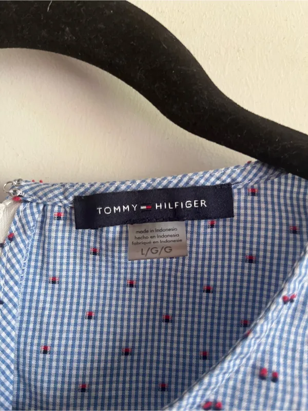 Tommy Hilfiger Blue 100% Cotton Gingham Plaid Embroidered Top Large Coastal - Image 2