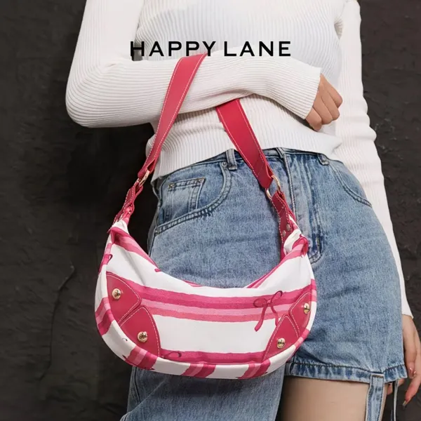 Pink Stripe Coquette Crescent Hobo Shoulder Bag Scarf Print NIP - Image 3