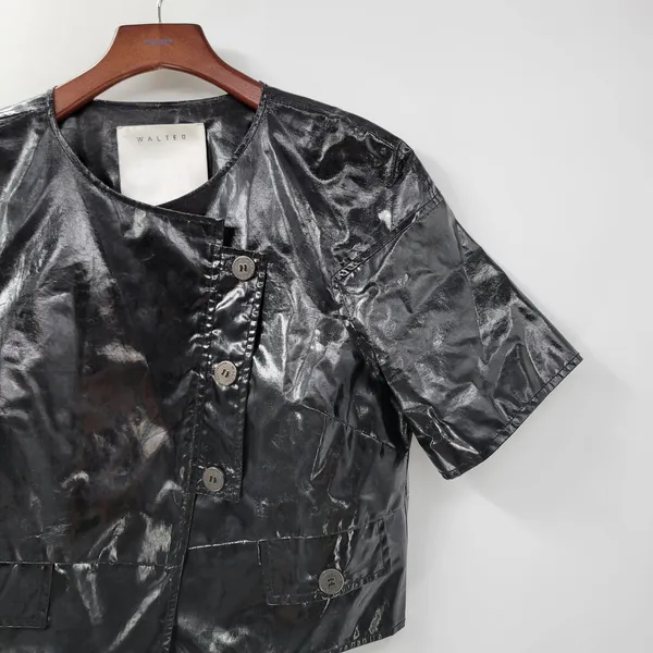 Walter Baker Shirt Womens 8 Black Faux Leather Buttons Asymmetrical Cropped - Image 10