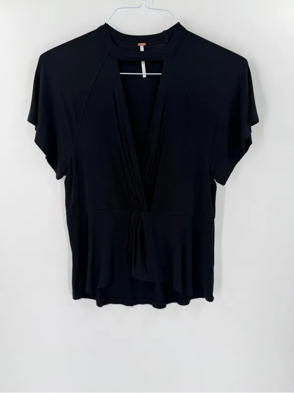 Free People Just a Twist Black Keyhole Short Flutter Sleeve Lightweight Top - Image 3
