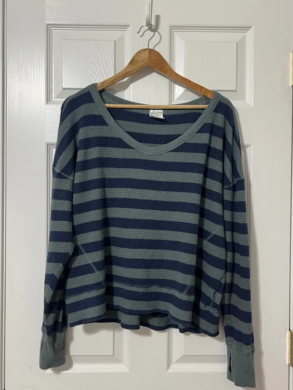 Aerie OFFLINE Wow Oversized Waffle Thermal Top Size Small Striped Green Blue - Image 2