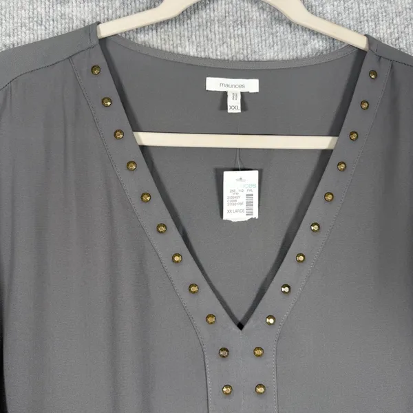 Maurices Size-XXL Women Top Gray Studded V-Neck Long Sleeve Blouse - Image 5