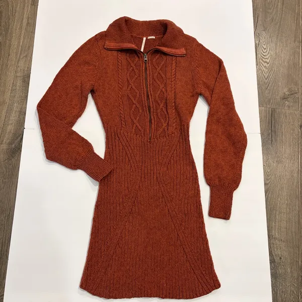 Free People Mont Blanc Mini Sweater Dress Red Jasper Auburn Sz M Cable Knit Zip - Image 10