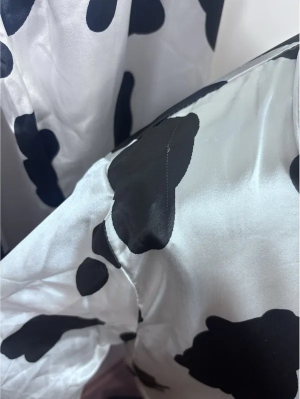 Satin Cow Animal Print 2-Piece Pajama Set Button Front Collared Black/White - Image 3