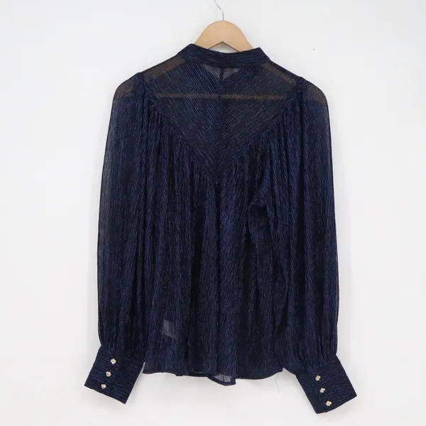 Olivaceous Navy Blue Metallic Pleated Mock Neck Blouse Rose Buttons S - Image 5