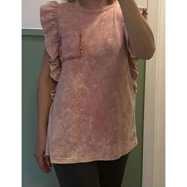 ODDY Women’s Pink Ruffled Sleeveless Blouse Top 100% Cotton Size M - Image 2