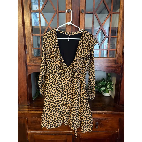 Free People Frenchie Leopard Print Ruffle Wrap Mini Dress Brown Black XS - Image 2