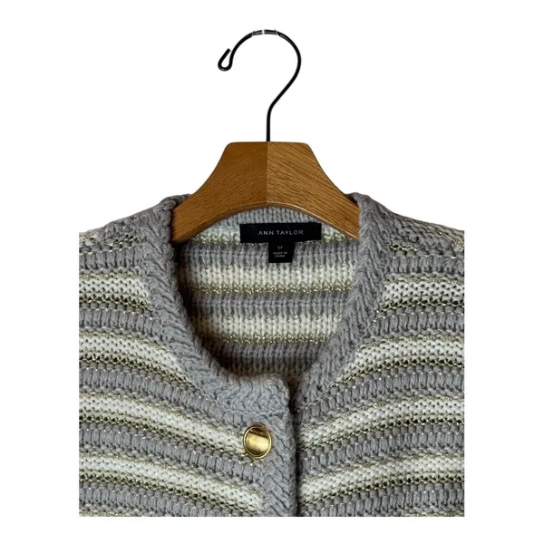 Ann Taylor Sweater Women Small‎ Petite Gray Ivory Striped Metallic Knit Cardigan - Image 4