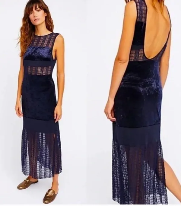 Free People Intimately Keep In Line Navy Crush Velvet Lace Boho Midi Maxi Dress - Image 2