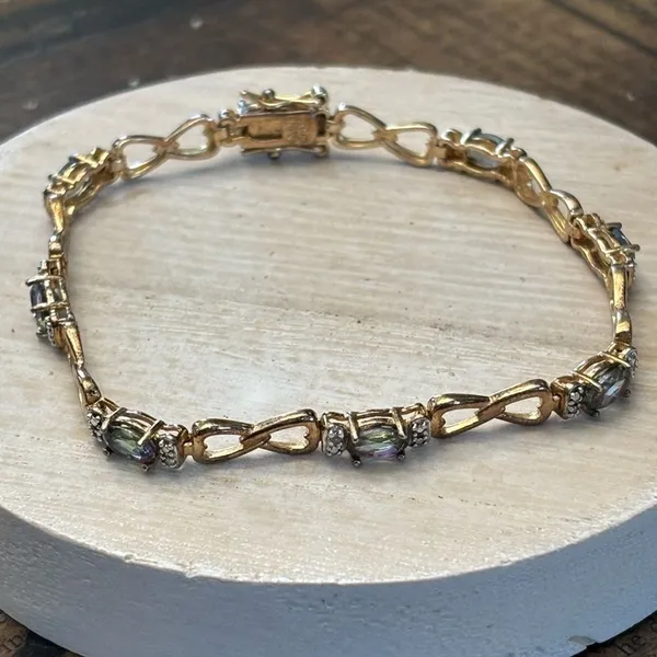 Sterling Silver Mystic GPTopaz Tennis Bracelet 925 Gold Vermeil Heart Link 8.85g - Image 2