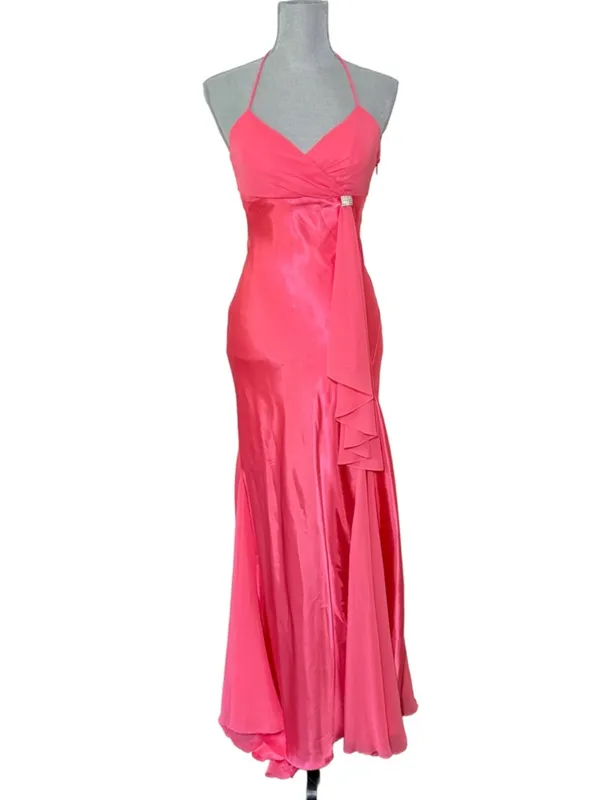 Hot Pink Mermaid long dress gown Cutout Halter Rhinestone Ruffle Formal Dress xs - Image 3