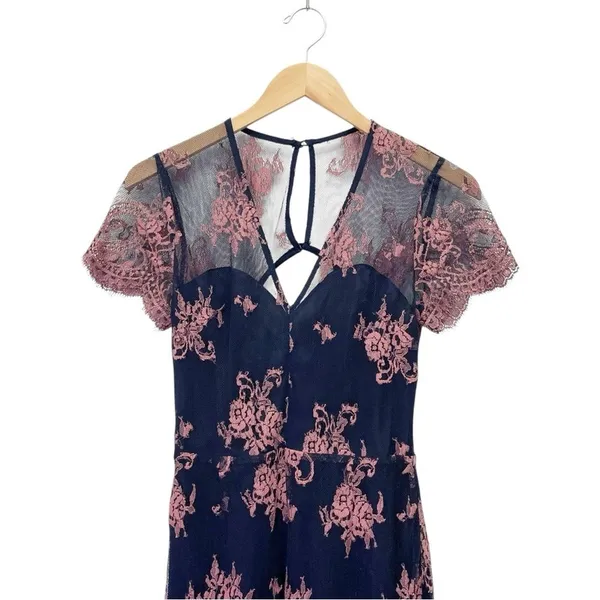 Lovers + Friends Shoreline Maxi Dress Navy Pink Lace Size Small Sheer Floral - Image 3
