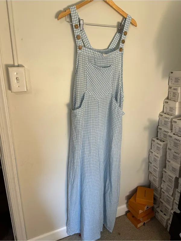 NWOT Halara Plaid Casual Linen-Feel Overalls with Pockets gingham blue white xl - Image 2