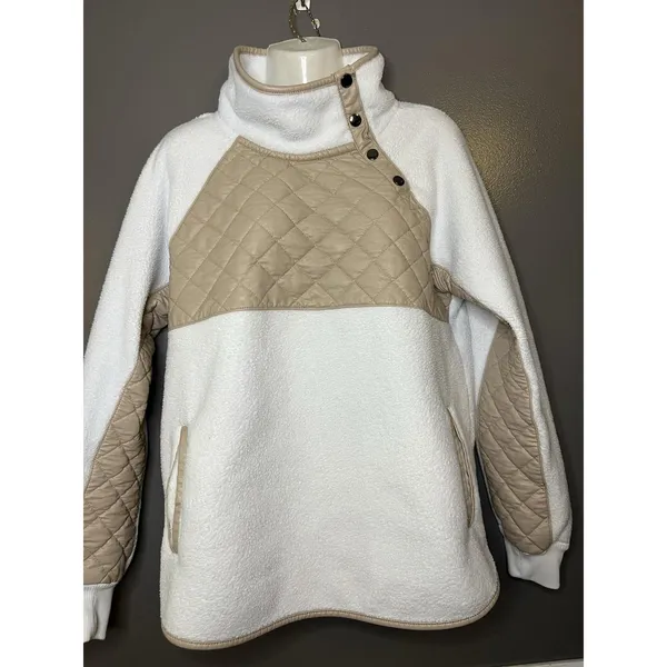 Abercrombie & Fitch Jacket Womens Medium White Tan Quilted Sherpa Fleece Snap - Image 2