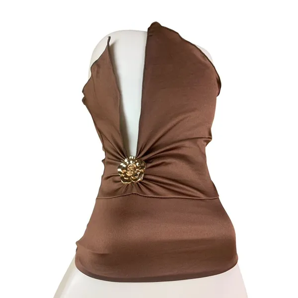 Just Polly Brown Strapless Handkerchief Hem Rosette Y2K Tube Top‎ Medium - Image 3