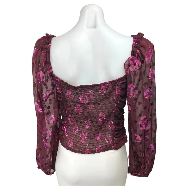 ASTR The Label Red Maroon Floral Sheer Long Sleeve Crop Blouse Top Size M - Image 2