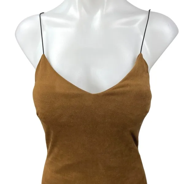 The Vintage Shop Brown Faux Suede Vegan Sleeveless Cami Mini Bodycon Dress Sz S - Image 3