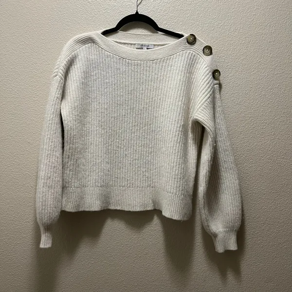 Madewell Boatneck Button Shoulder Sweater White Ribbed Knit Size Small - Image 4