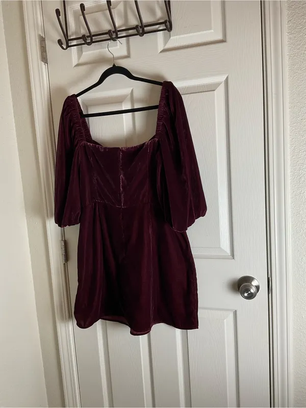 ASOS Velvet Tie-Front Puff Sleeve Mini Dress Plum Burgundy Size 12 - Image 9