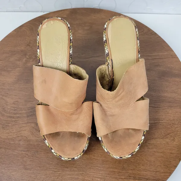 Nine West Womens Jaimy Sandals 7 Tan Leather Open Toe Cork Platform Wedge Heels - Image 5
