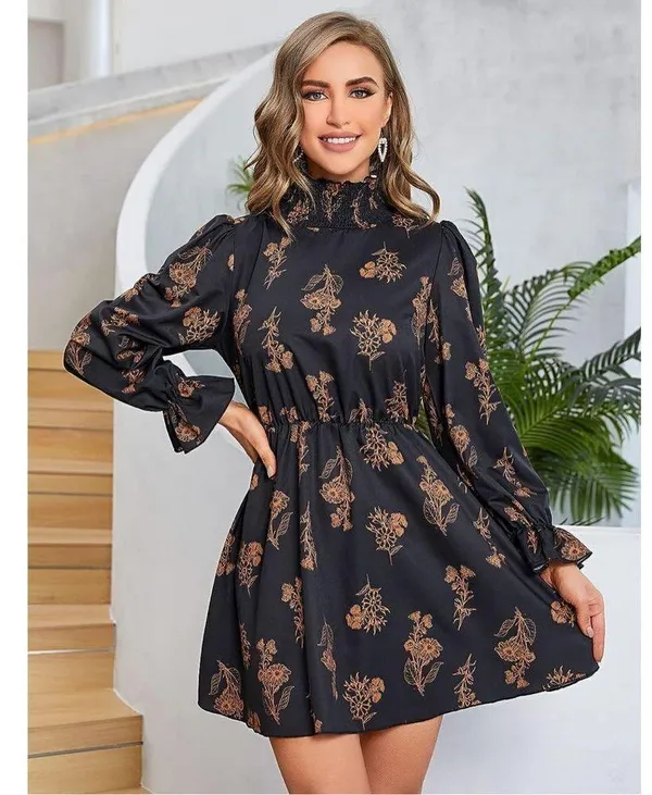 NEW Floerns Mock Neck Long Sleeve Floral Print Ruffle Mini Dress L - Image 4