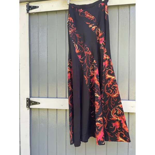 Vintage Boho Patchwork Ikat Maxi Skirt Black Orange Pink A-Line Long‎ Skirt - Image 3