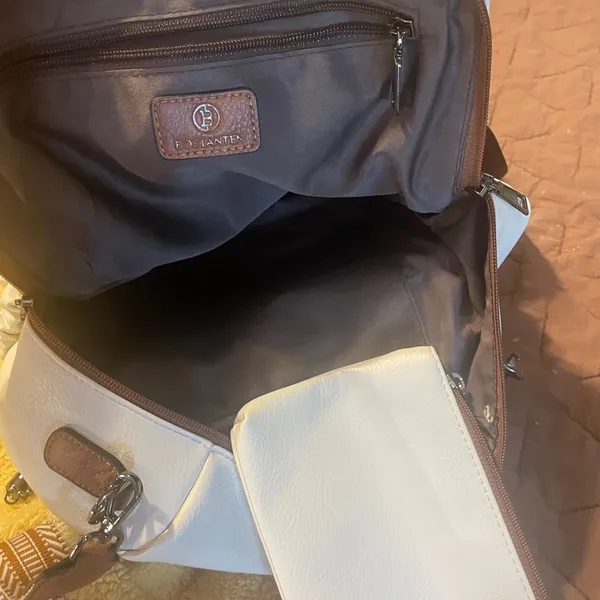 White and Brown Backpack with Textured Material and Multiple Compartments - Image 4