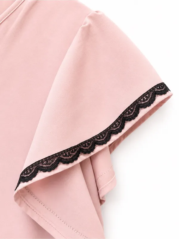 SHEIN Pink Flutter Sleeve Lace Trim Blouse - Image 3
