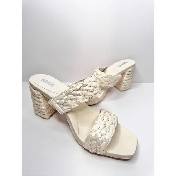 MIA Off‎ White Braided Block Heel Sandals Square Toe Mules Size 10 Raffia - Image 8