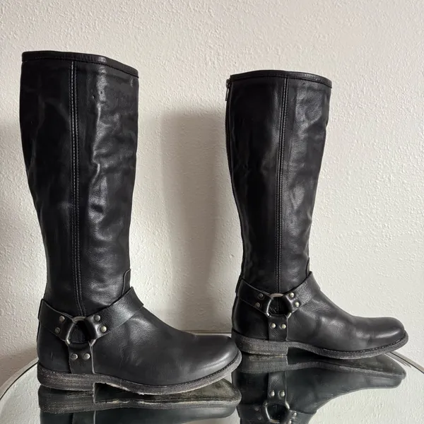 FRYE Black Leather Phillip Harness Tall Knee High Preppy Moto Riding Boots - Image 5