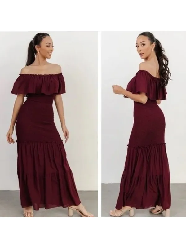 [Baltic Born] Maroon Amalfi Smocked Off The Shoulder Ruffle Maxi Dress Sz Medium - Image 2