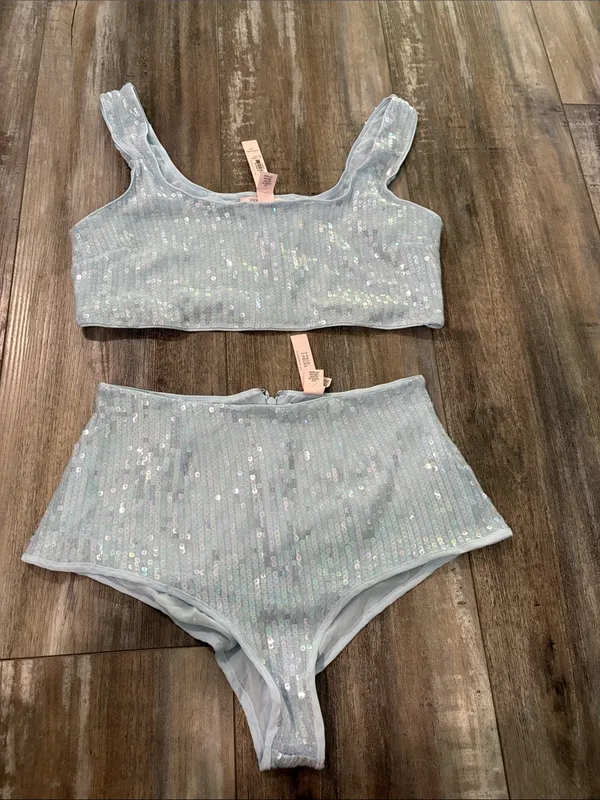 Victorias Secret Iridescent Sequin 2 Piece Set Lingerie Crop Top Panty Blue NEW - Image 6
