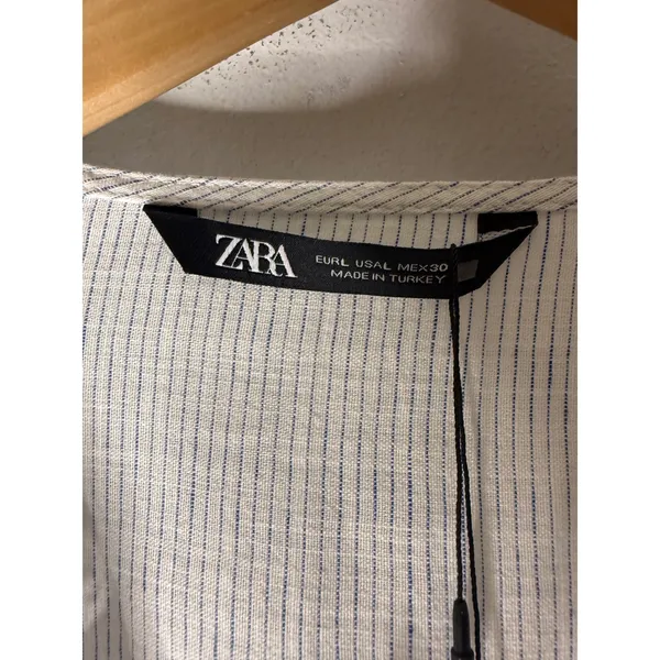 NWT Zara striped linen pheasant‎ v neck button front blouse white blue large - Image 4