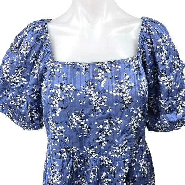Mango MNG Blue Floral Square Neck Short Puff Sleeve Smocked Mini Shift Dress 6 - Image 3