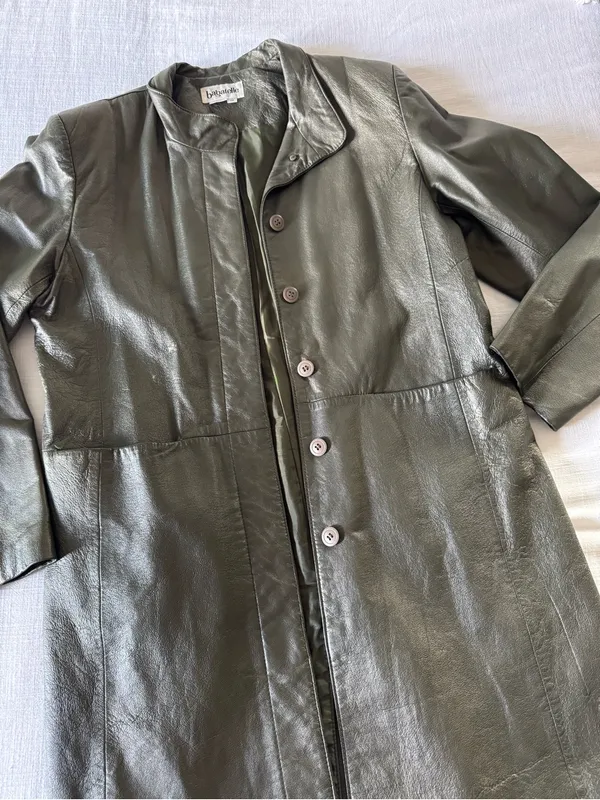 Bagatelle Olive Green Long Leather Jacket, size 14 - Image 5