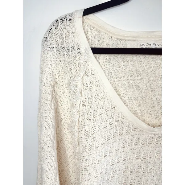 We The Free People Thien Hacci Ivory Textured Knit Fringe V-Neck Oversized Small - Image 5