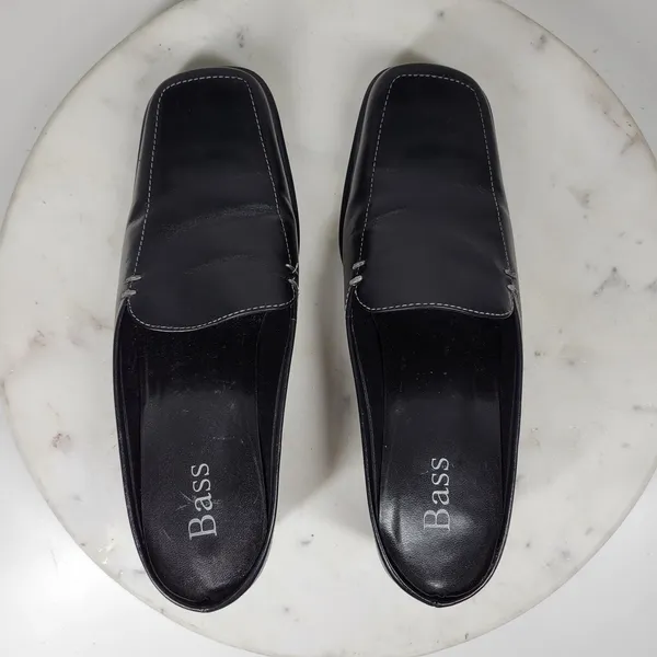 VTG Bass Artist Mules Womens 6 Black Leather Slip On Square Toe Block Heel 2003 - Image 5