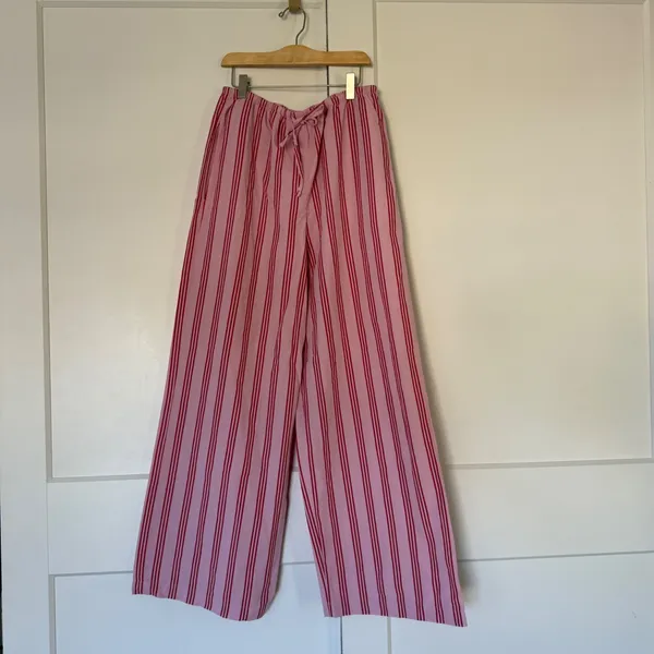 M&S Marks & Spencer Pink Red Striped Cotton Drawstring Pants Wide Leg US 6 - Image 2