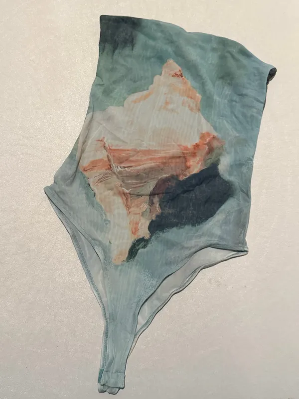 ZARA Sheer Mesh abstract seashell Bodysuit light blue strapless small - Image 3