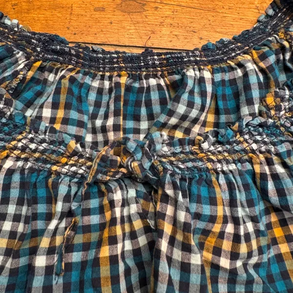 Womens Plaid Smocked Off Shoulder Top Teal Yellow White Black Short‎ Sleeve - Image 5