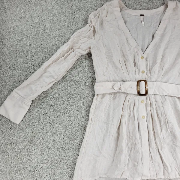 Free People Womens Belted‎ Top Medium Cream Solid Button Down Long Sleeve Blouse - Image 4