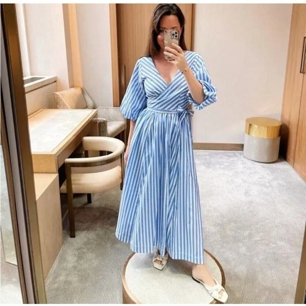 Staud Jodie Midi Wrap Dress Sea Stripe S Bridal Wedding Guest Coastal Nautical - Image 2