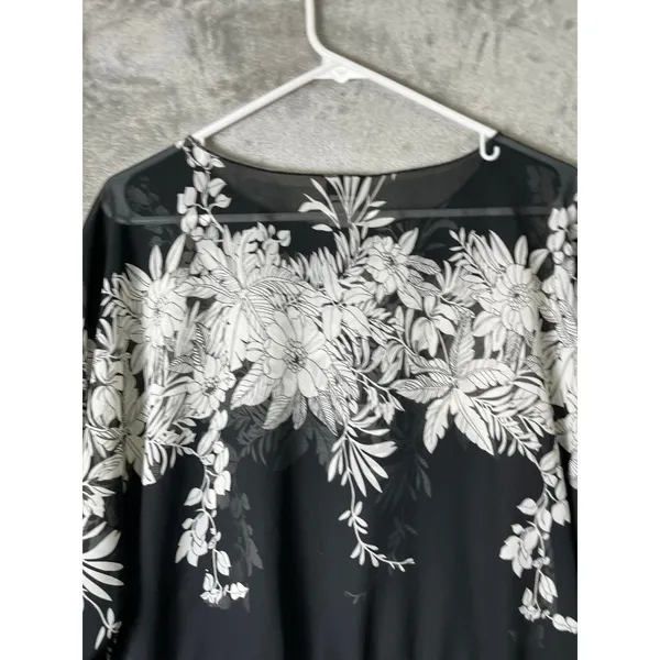 Vintage Y2K Floral Sheer Blouse Tie Hem 3/4 Sleeve Womens Large Black Baddie 90s - Image 4
