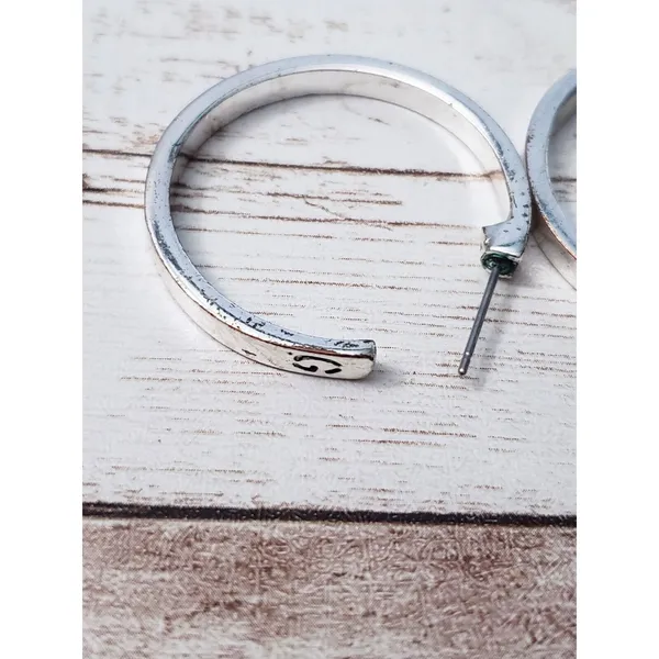 Earrings for Pierced Ears Large Silver Tone Hoops Stamped G - 1.25" - Image 5