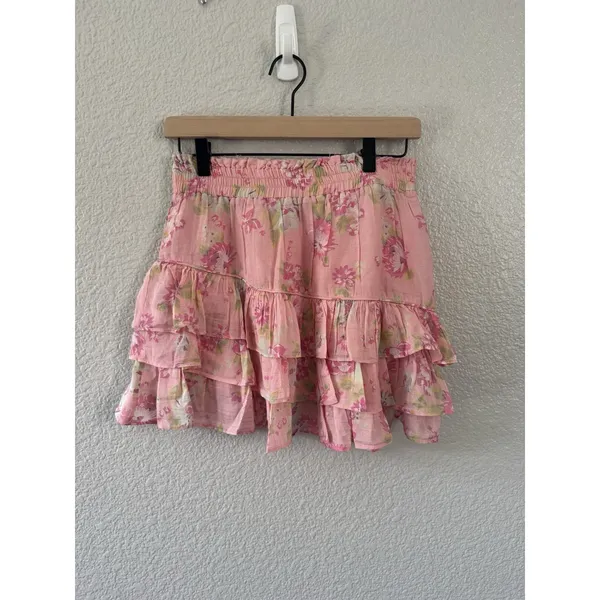 LoveShackFancy Pink Floral Tiered Mini Skirt M NWT Coquette Romantic HTF Silk - Image 4